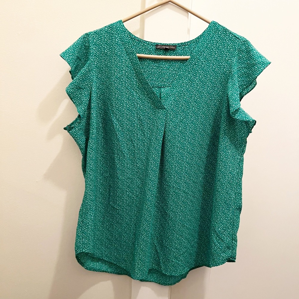 Adrianna Papell Green White Blouse 1X Flutter Sleeve V Neck Career‎ Office Work